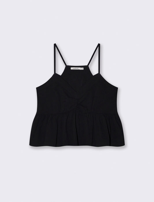 Top Arricciato con Spalline in Cotone - Nero