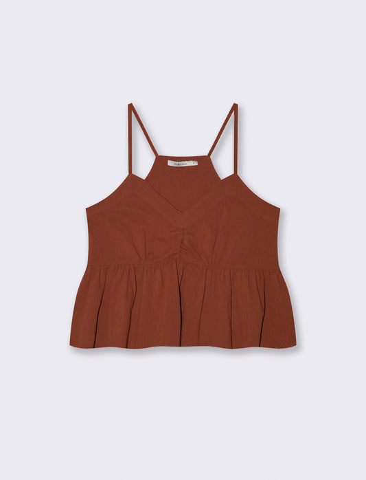 Top Arricciato con Spalline in Cotone - Cognac