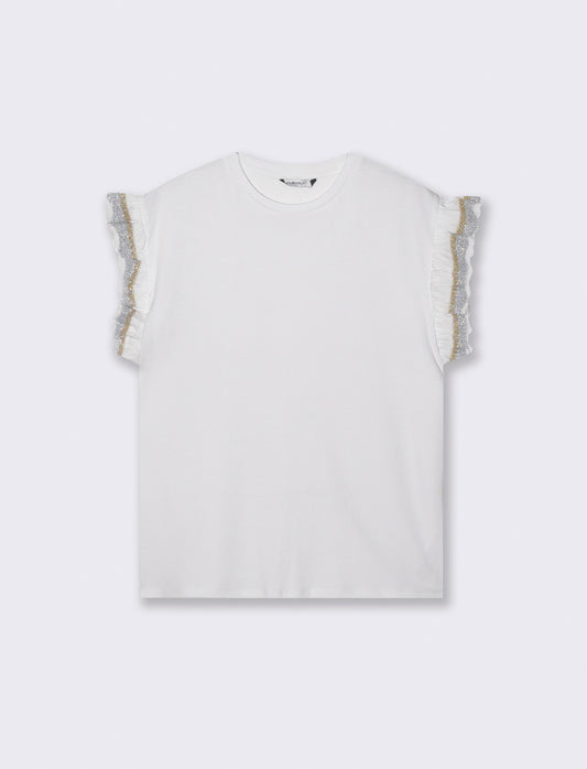 T-Shirt Mezza Manica con Rouches e Alette - Bianco