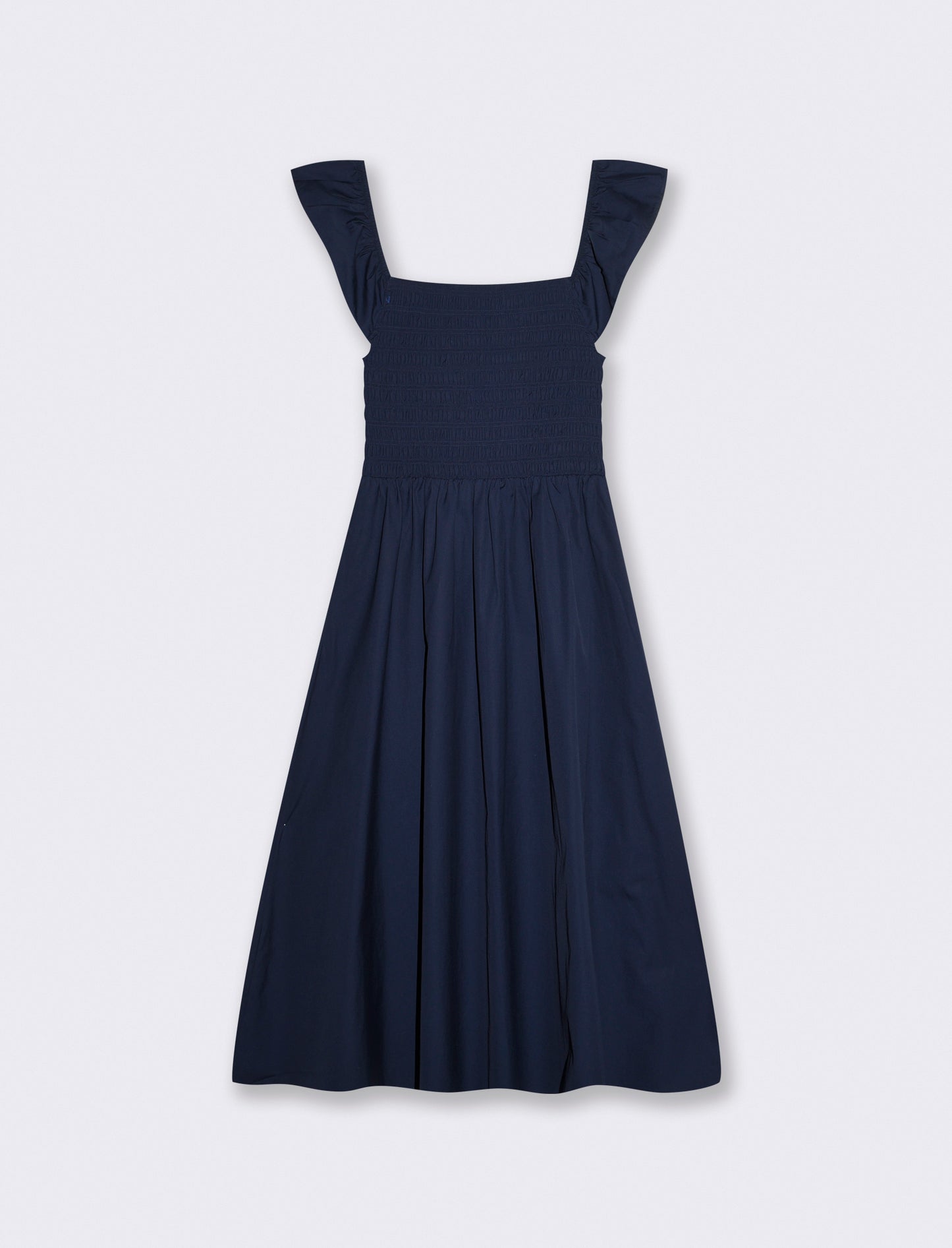 Abito lungo con busto smock e volant - Blu