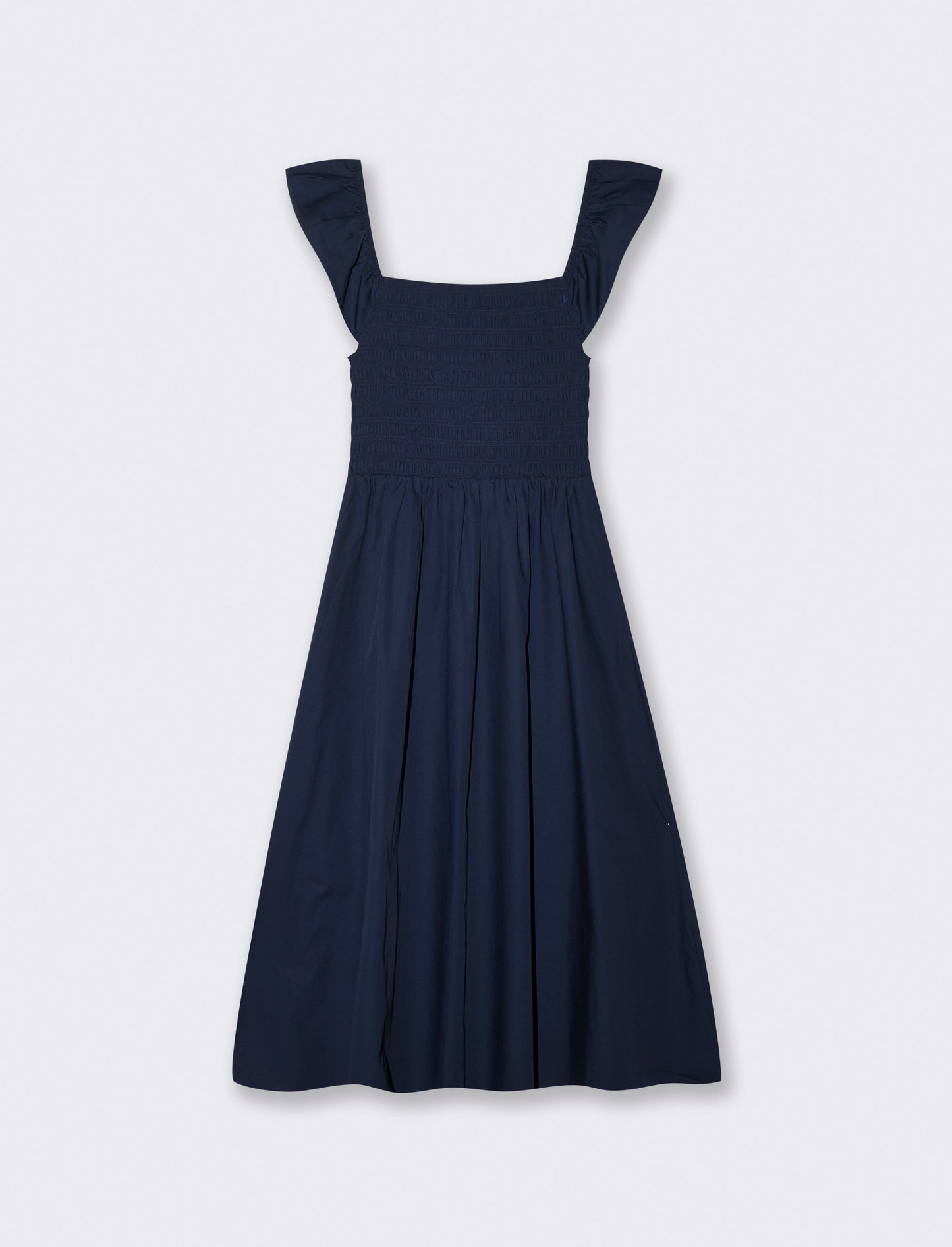 Abito lungo con busto smock e volant - Blu