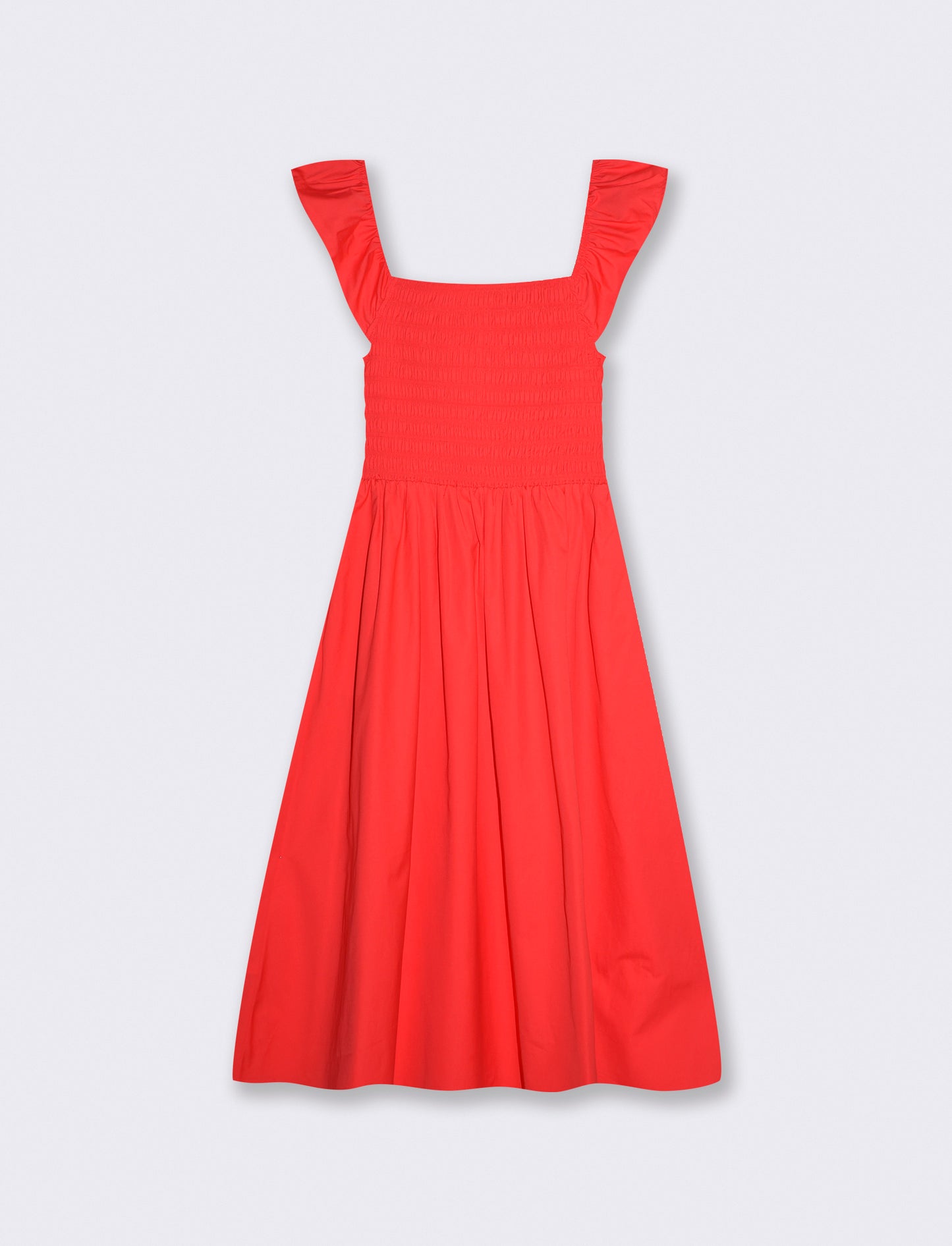Abito lungo con busto smock e volant - Corallo