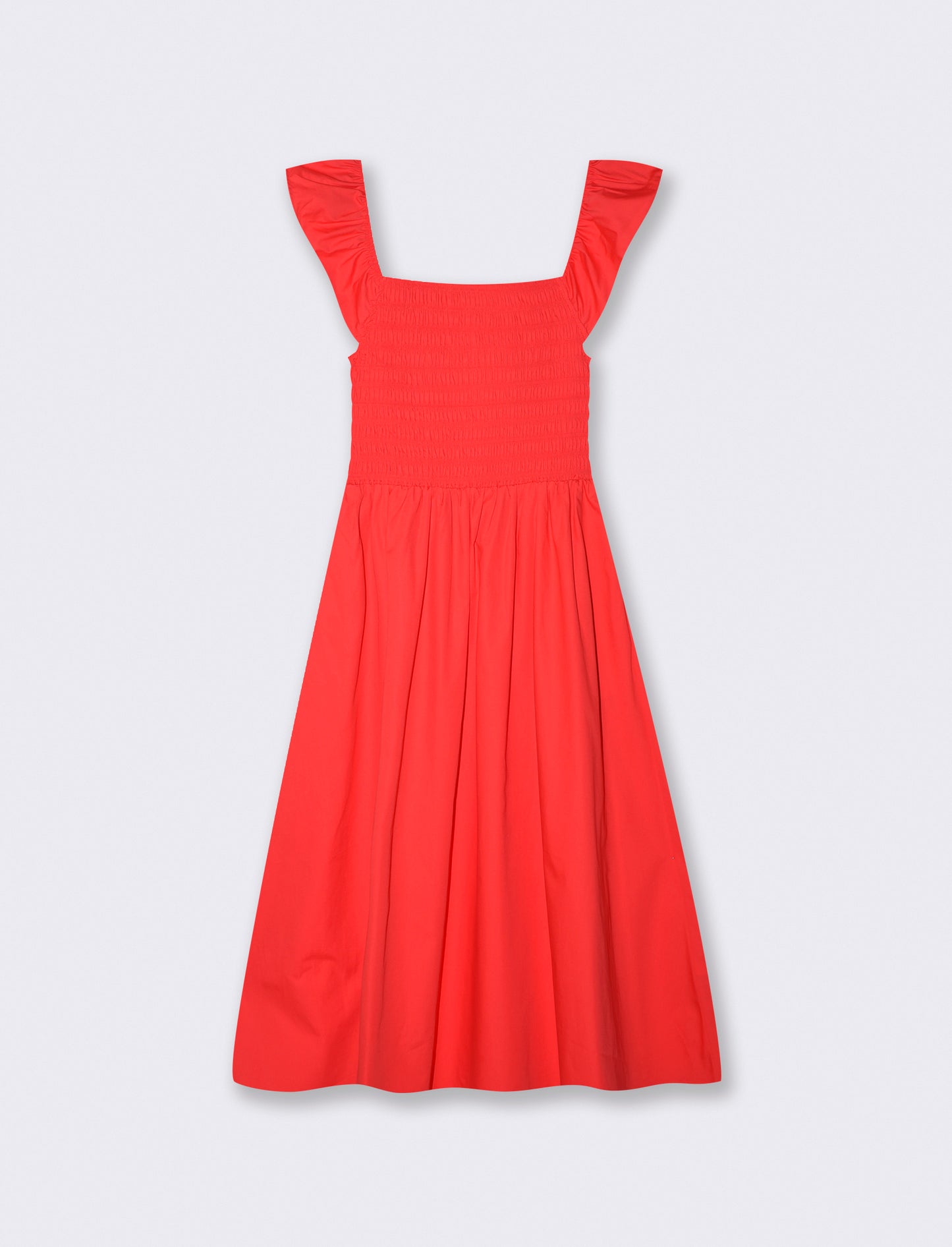 Abito lungo con busto smock e volant - Corallo