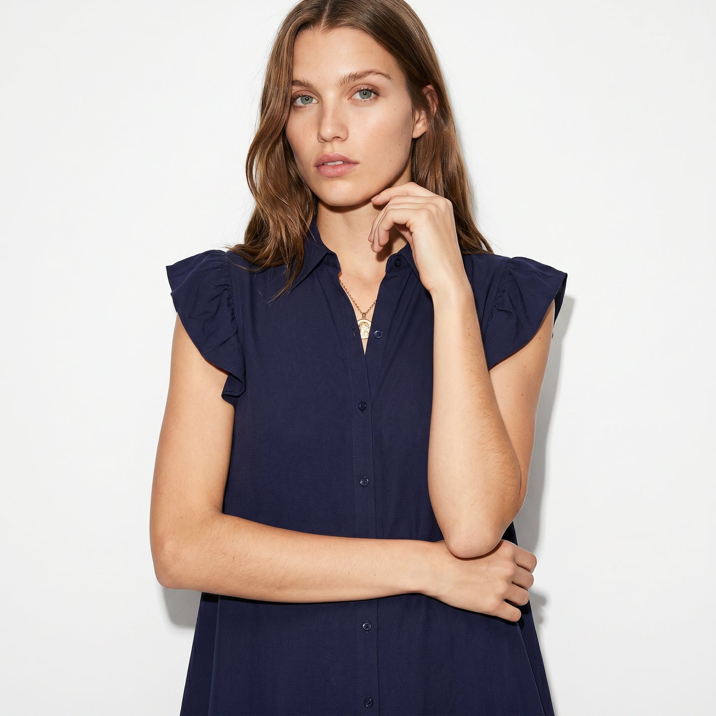 Vestito corto giro manica con rouches - Blu