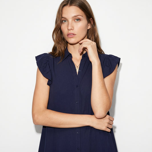 Vestito corto giro manica con rouches - Blu