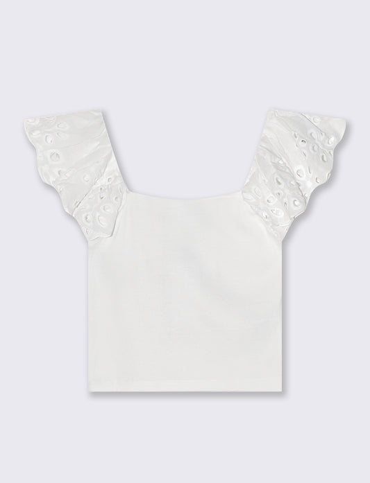 Top con pizzo e scollo quadrato a coste - Bianco