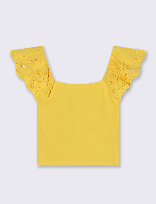 Top con pizzo e scollo quadrato a coste - Giallo limone