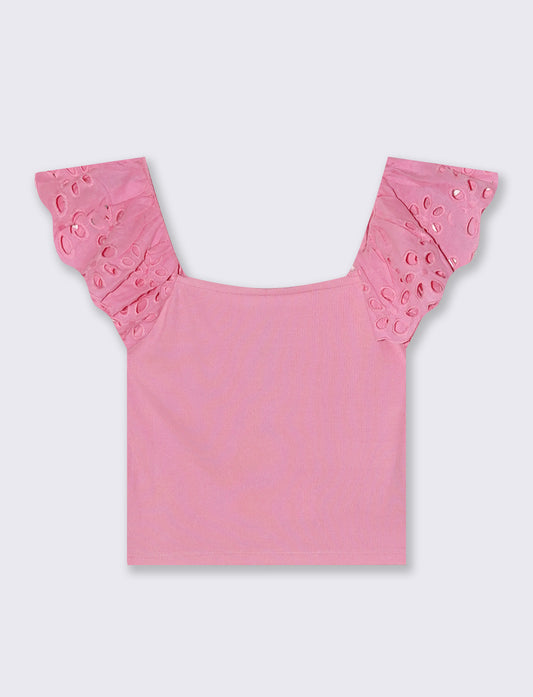 Top con pizzo e scollo quadrato a coste - Rosa big bubble