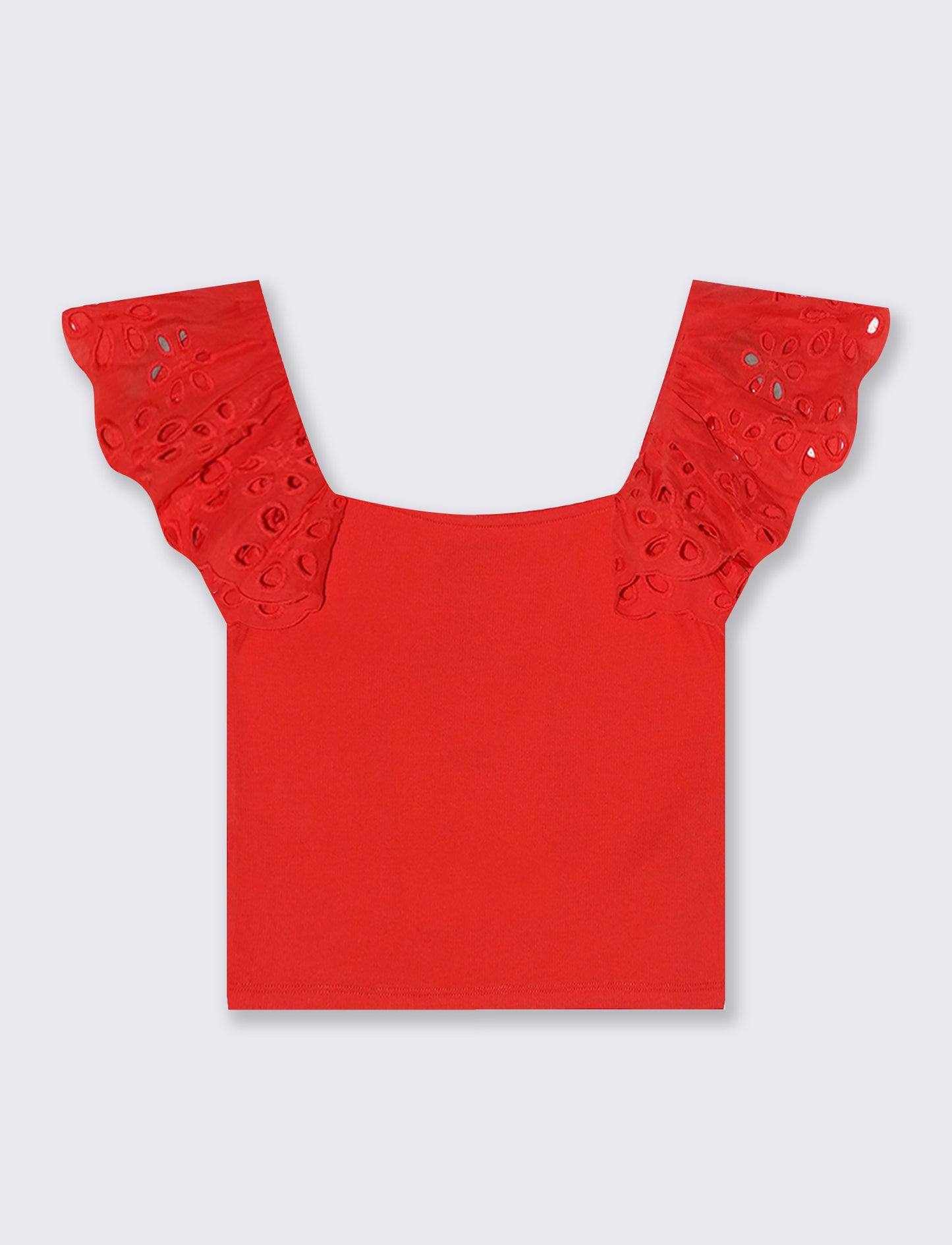 Top con pizzo e scollo quadrato a coste - Corallo