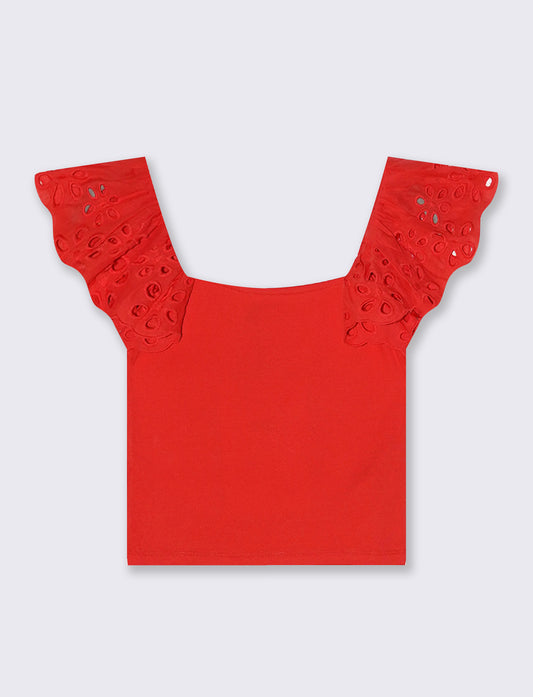 Top con pizzo e scollo quadrato a coste - Corallo