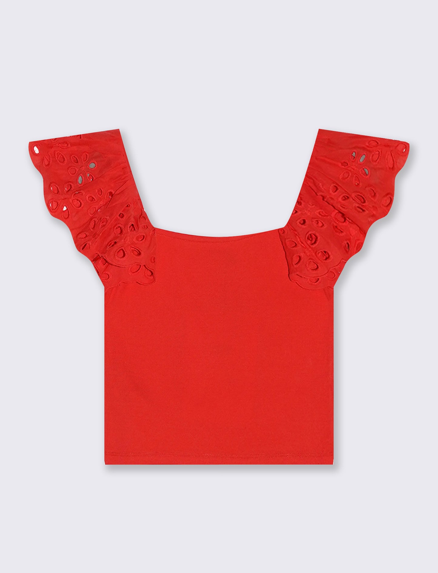 Top con pizzo e scollo quadrato a coste - Corallo