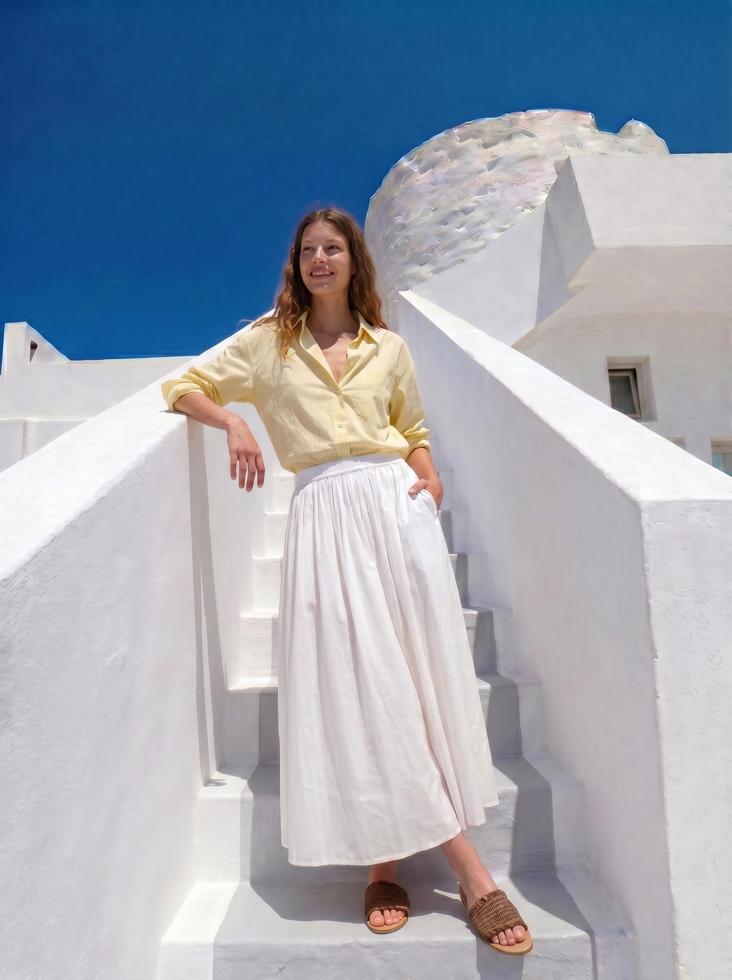 Gonna lunga in cotone con vita arricciata - Bianco