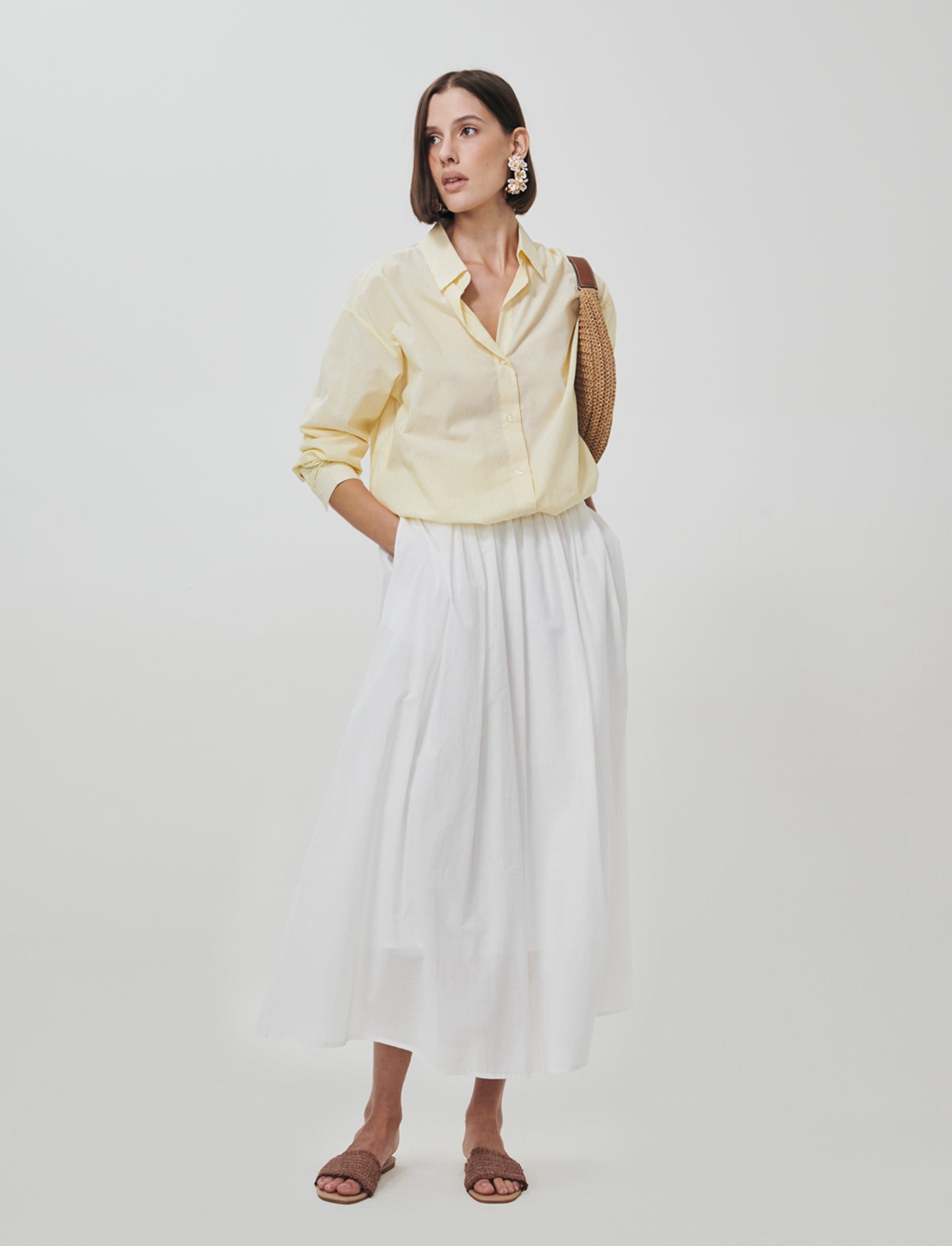 Gonna lunga in cotone con vita arricciata - Bianco
