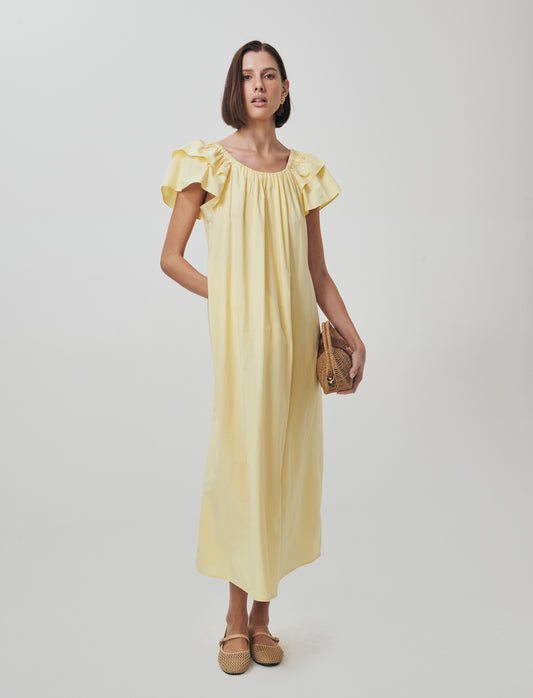 Vestito lungo svasato con scollo quadrato - Giallo pastello
