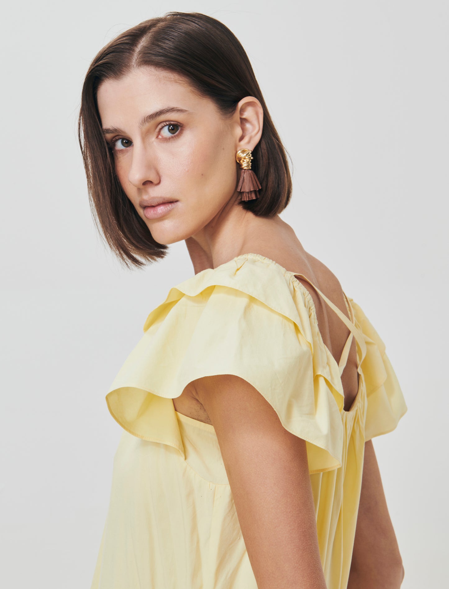 Vestito lungo svasato con scollo quadrato - Giallo pastello
