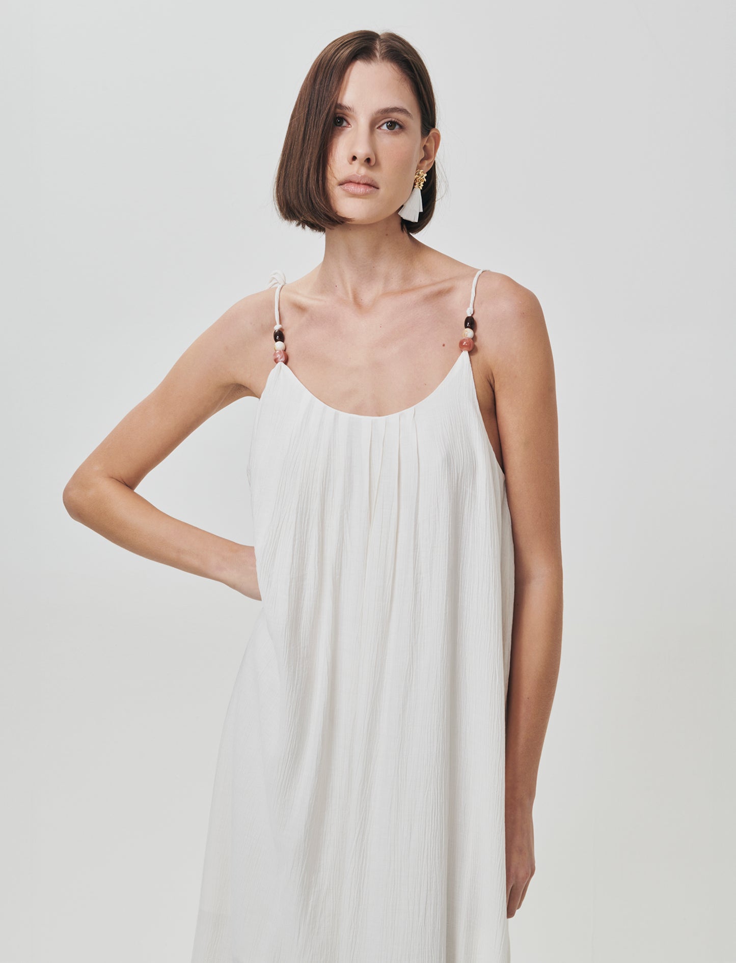 Vestito lungo leggero con pieghe e fiocco - Avorio