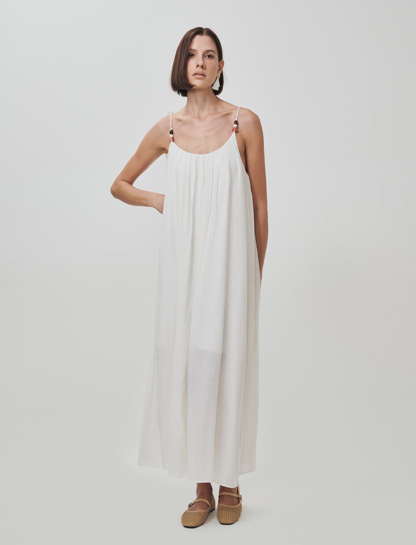 Vestito lungo leggero con pieghe e fiocco - Avorio