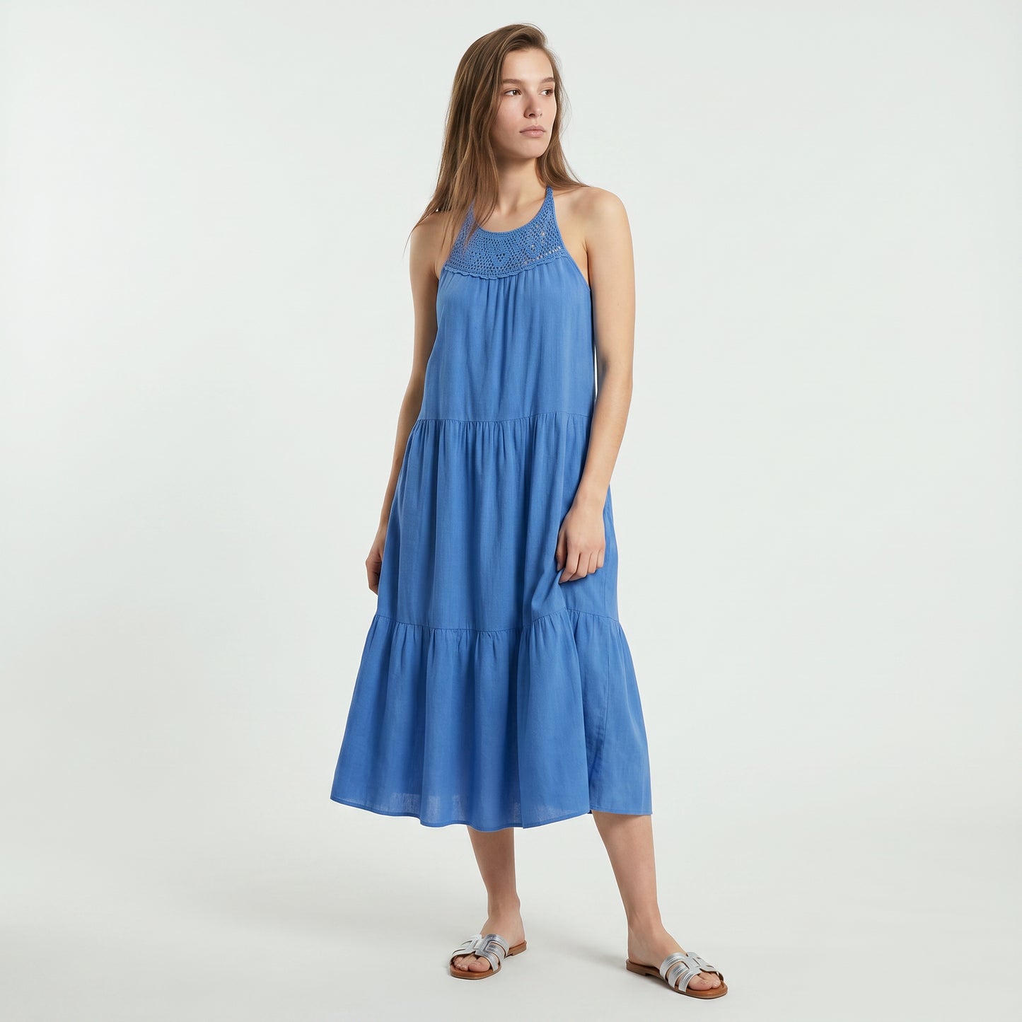 Abito lungo con tagli frontali e trim - Azzurro