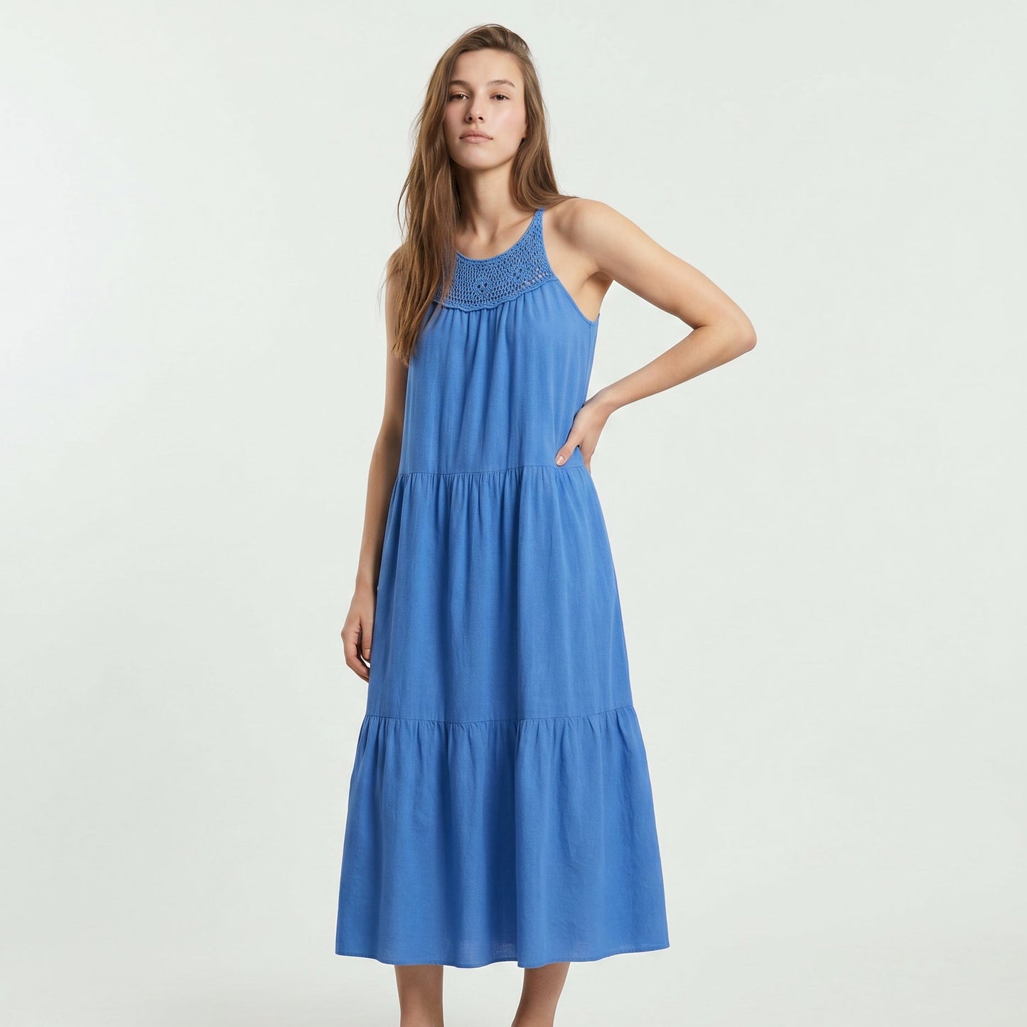 Abito lungo con tagli frontali e trim - Azzurro