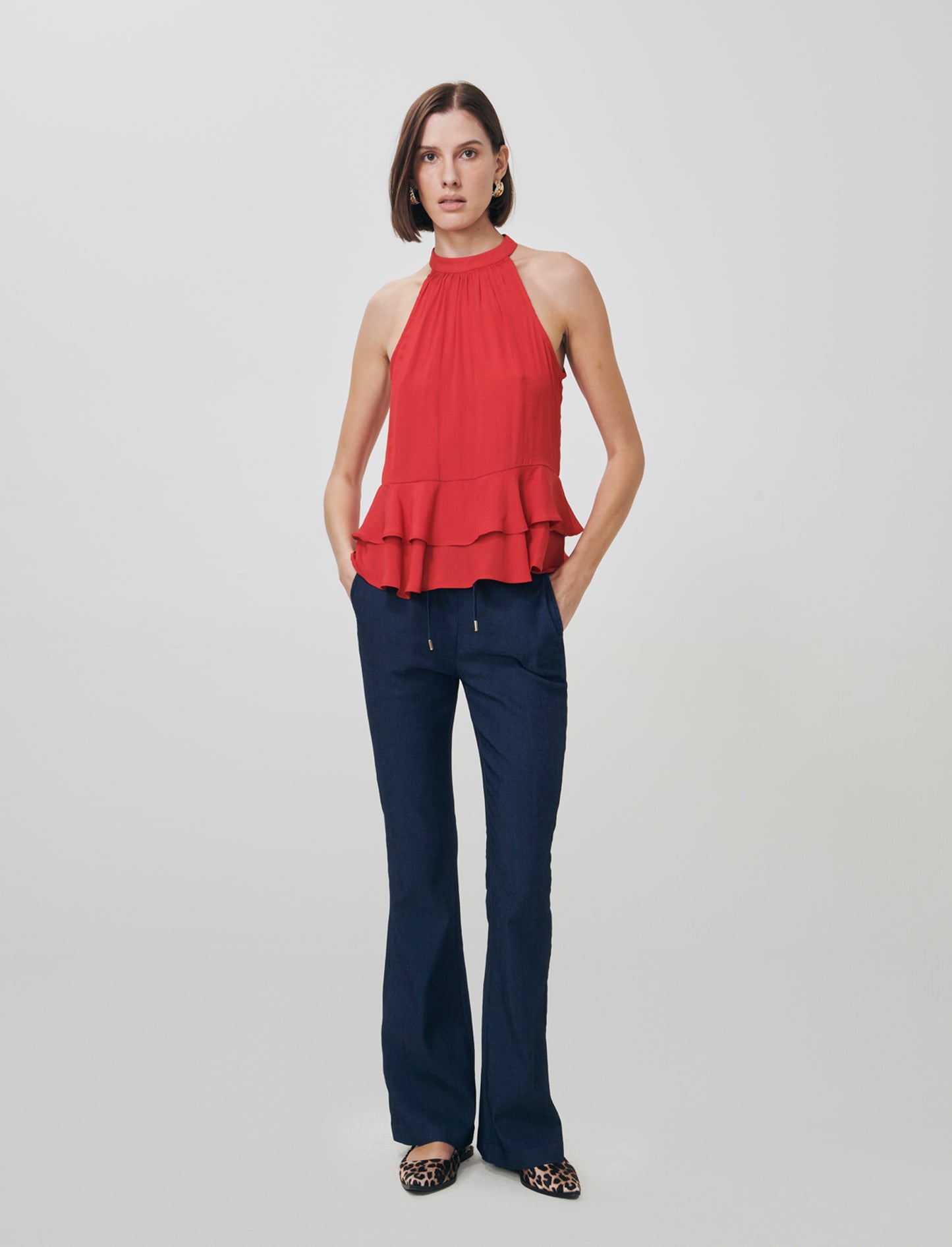 Top smanicato con doppia balza al fondo - Rosso