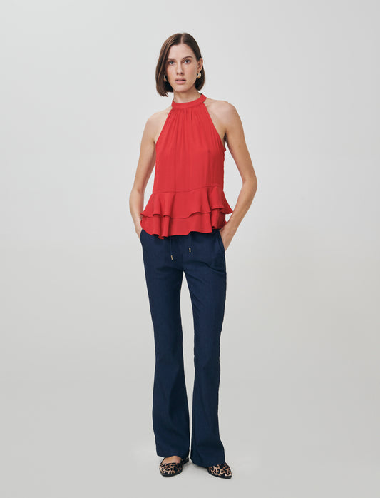 Top smanicato con doppia balza al fondo - Rosso