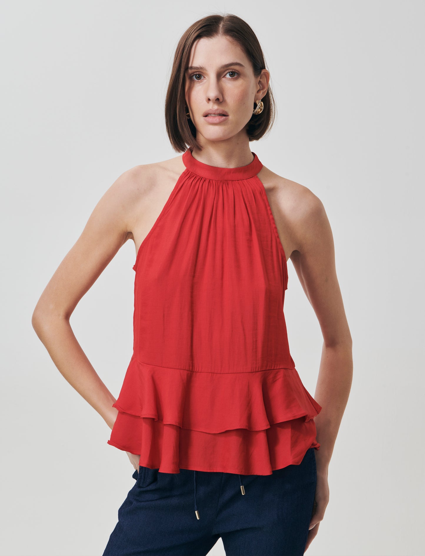 Top smanicato con doppia balza al fondo - Rosso