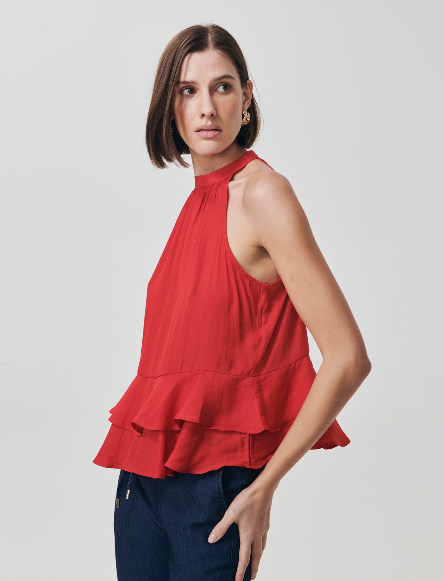 Top smanicato con doppia balza al fondo - Rosso