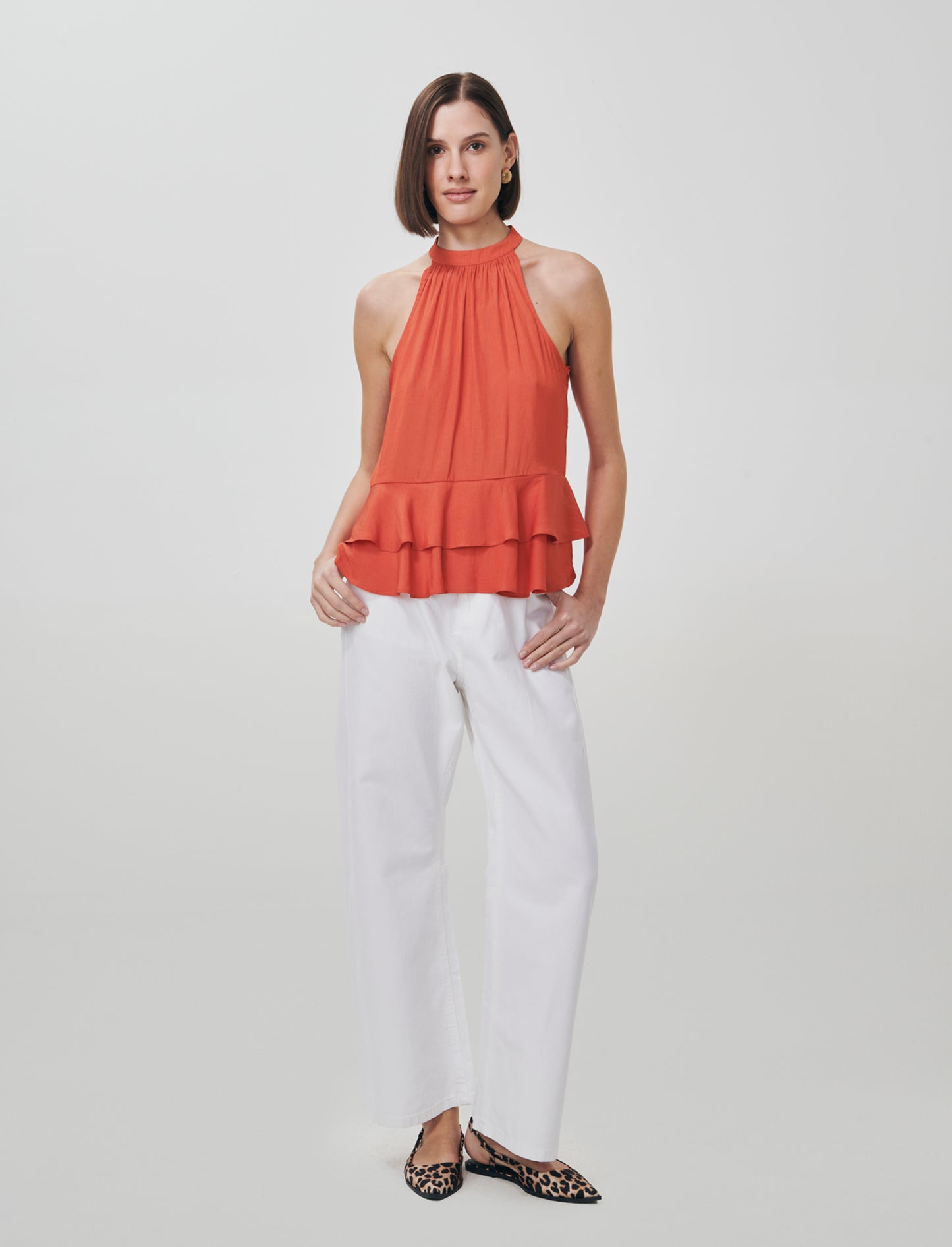 Top smanicato con doppia balza al fondo - Arancio