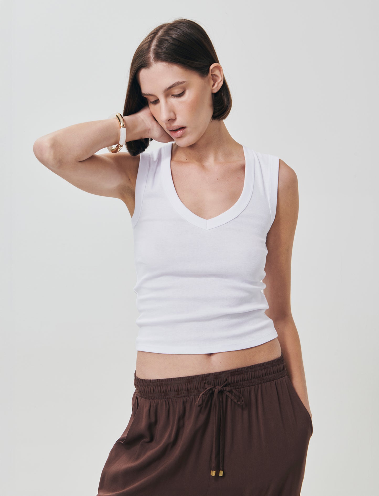 Basic Cotton Tank Top with V-Neck - White