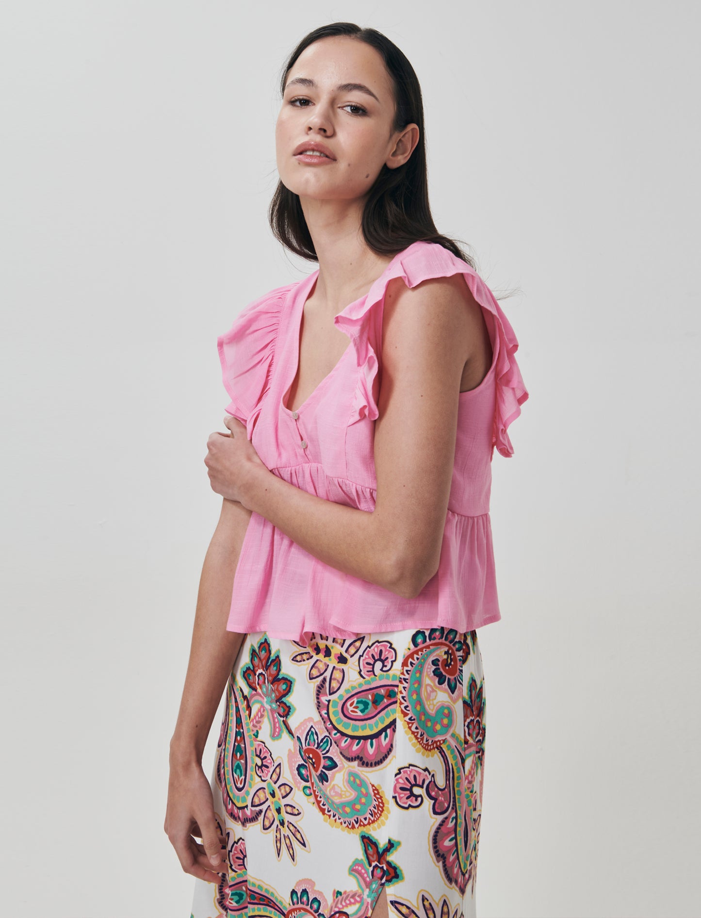 Top con Rouches e Scollo a V Sagomato - Rosa big bubble