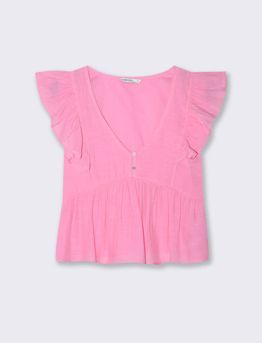 Top con Rouches e Scollo a V Sagomato - Rosa big bubble