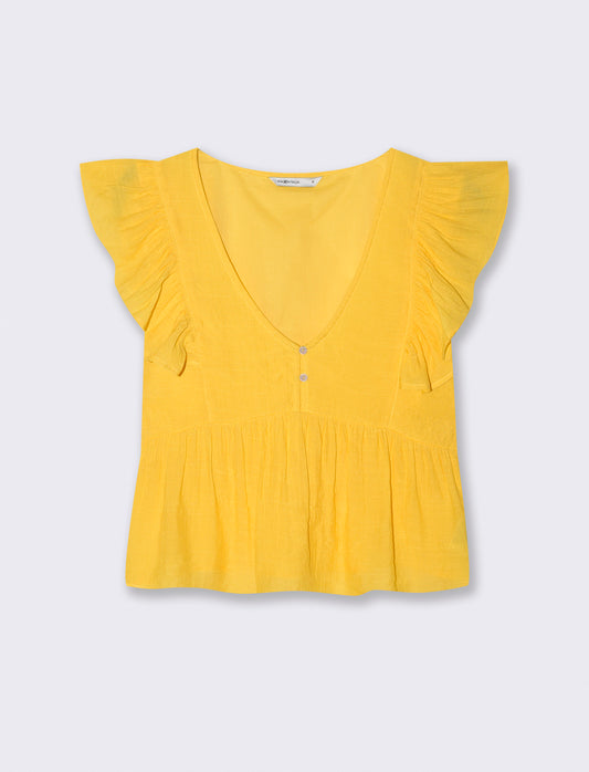 Top con Rouches e Scollo a V Sagomato - Giallo limone