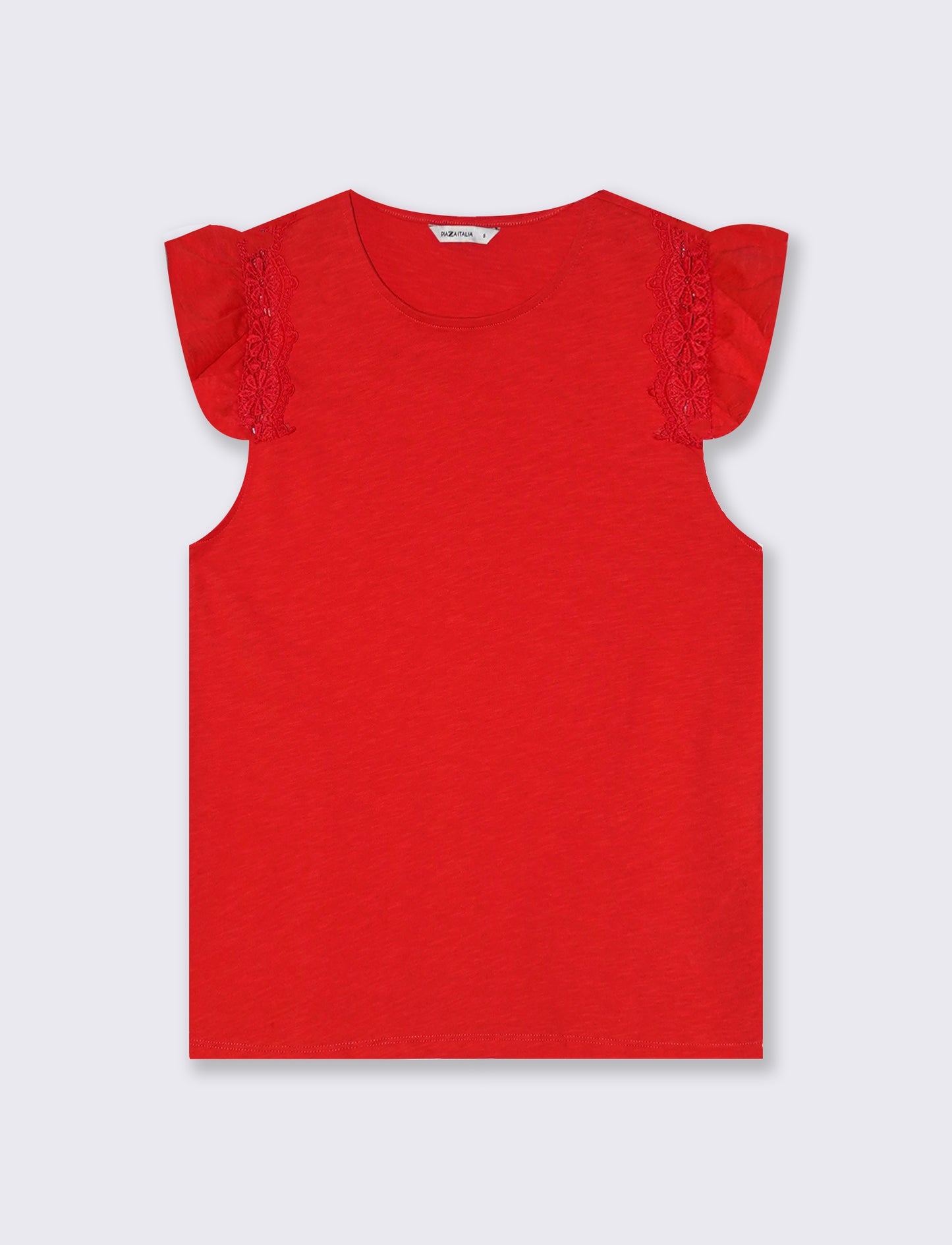 MAGLIA CON MANICHE AD ALETTA IN PIZZO - Corallo