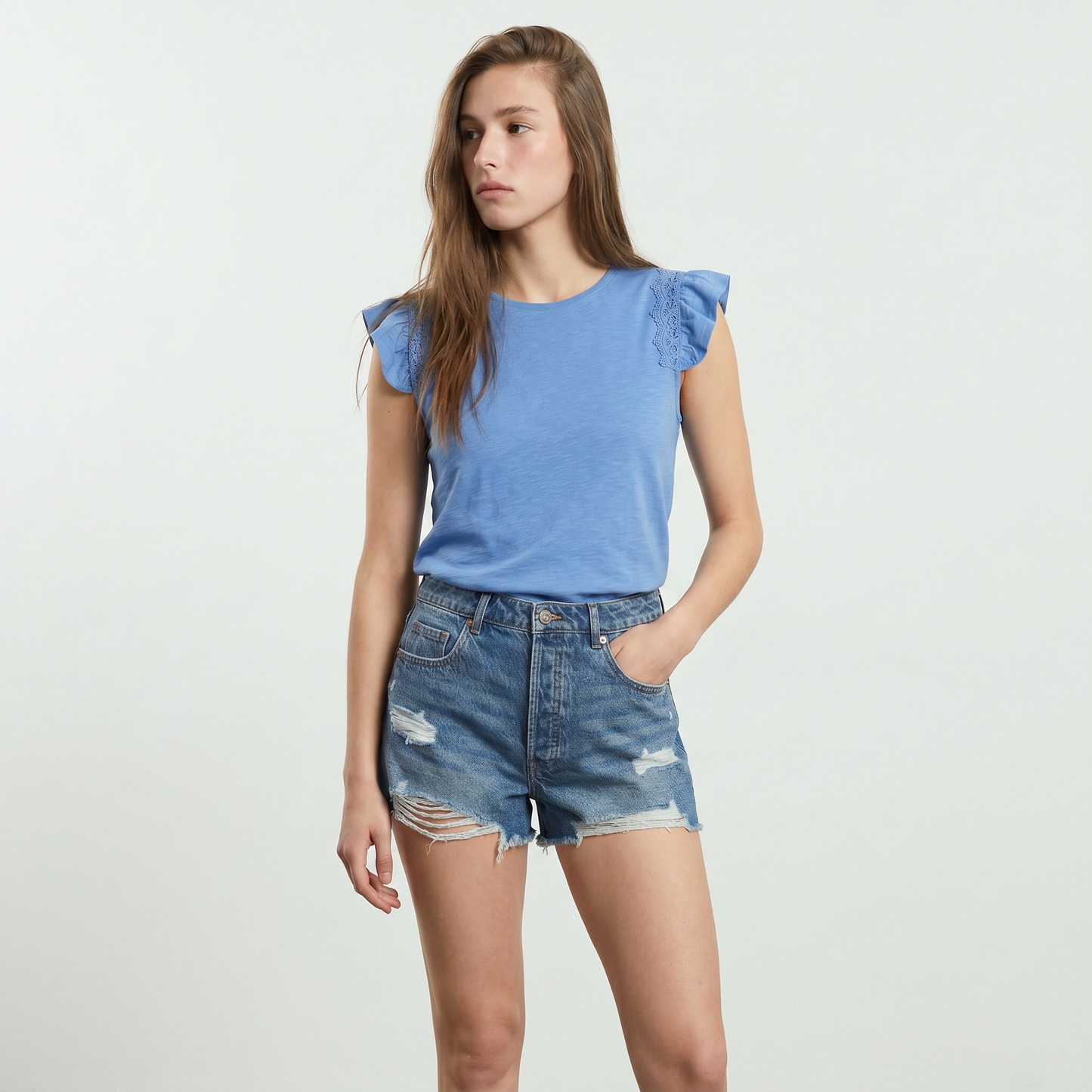 Maglia in pizzo con maniche ad aletta - Azzurro