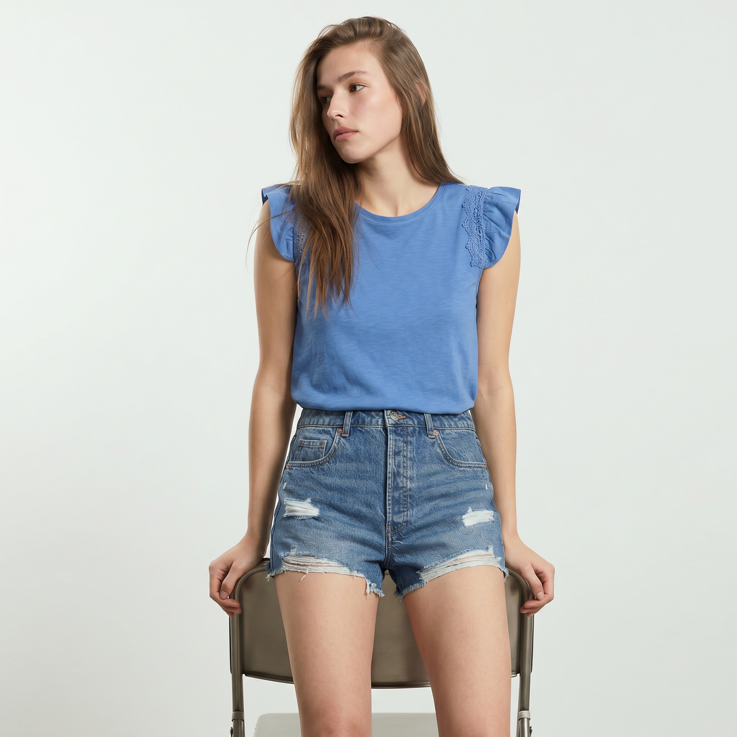 Maglia in pizzo con maniche ad aletta - Azzurro