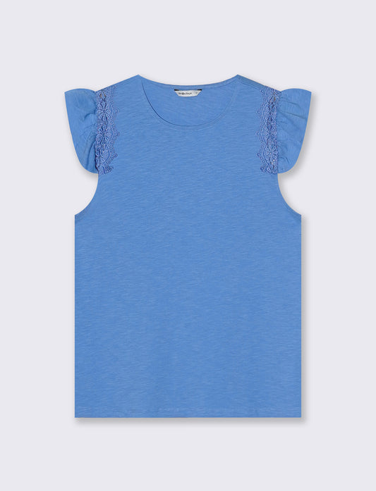 Maglia in pizzo con maniche ad aletta - Azzurro
