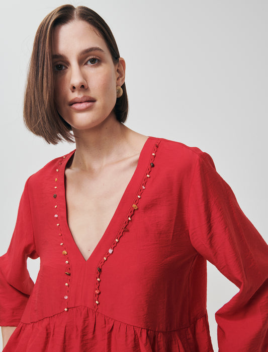 Blusa V Decorata con Perline Colorate - Rosso
