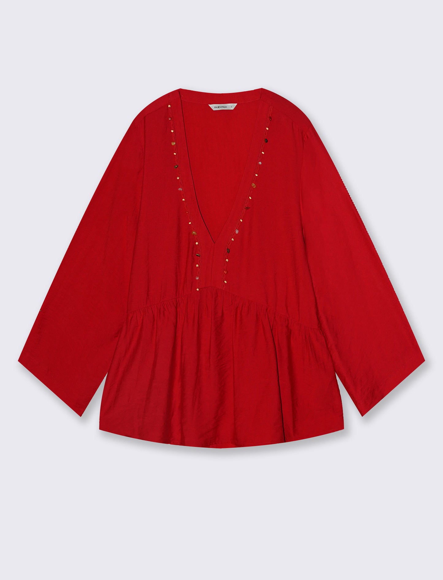 Blusa V Decorata con Perline Colorate - Rosso