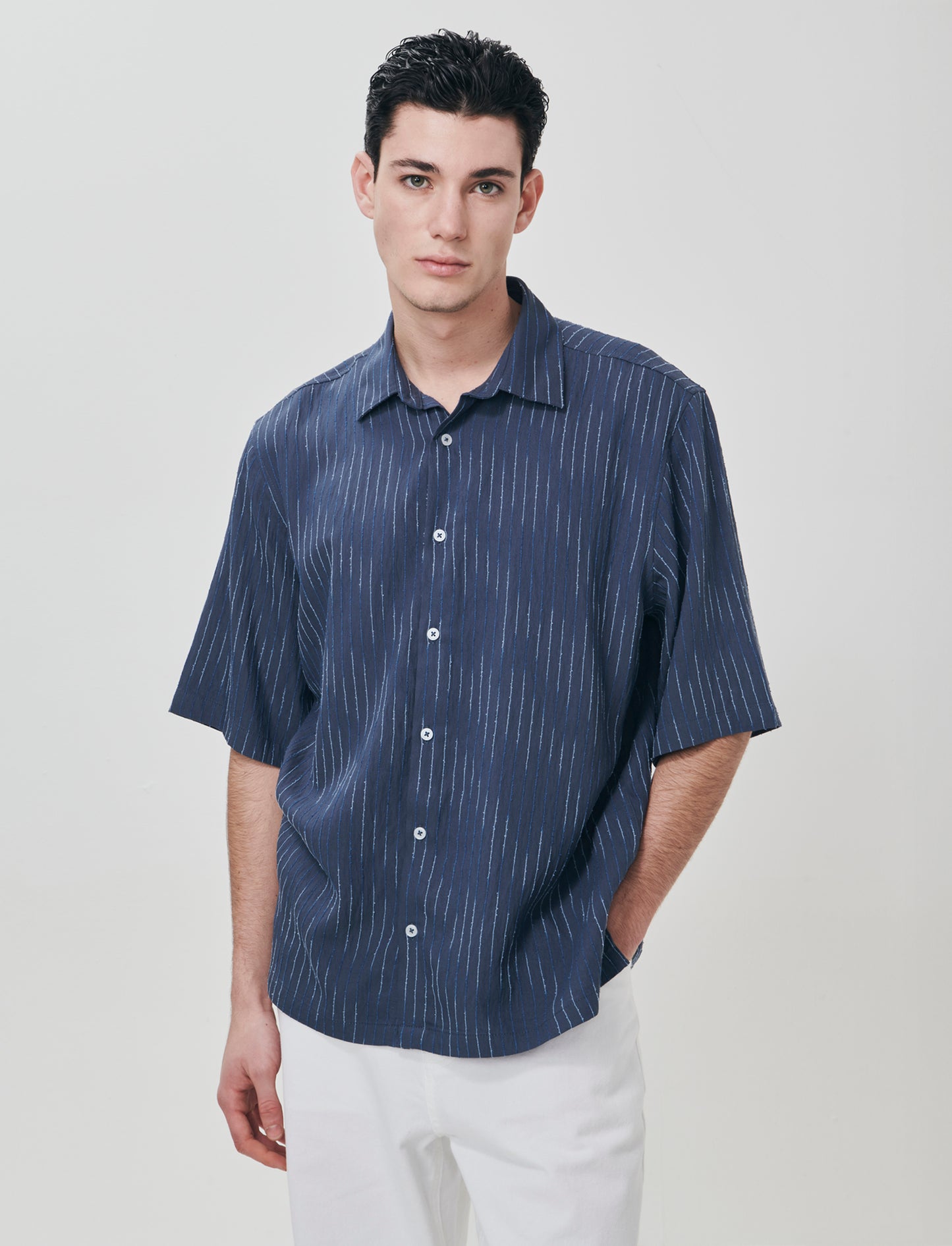 Boxy fit embroidered striped shirt - Blue