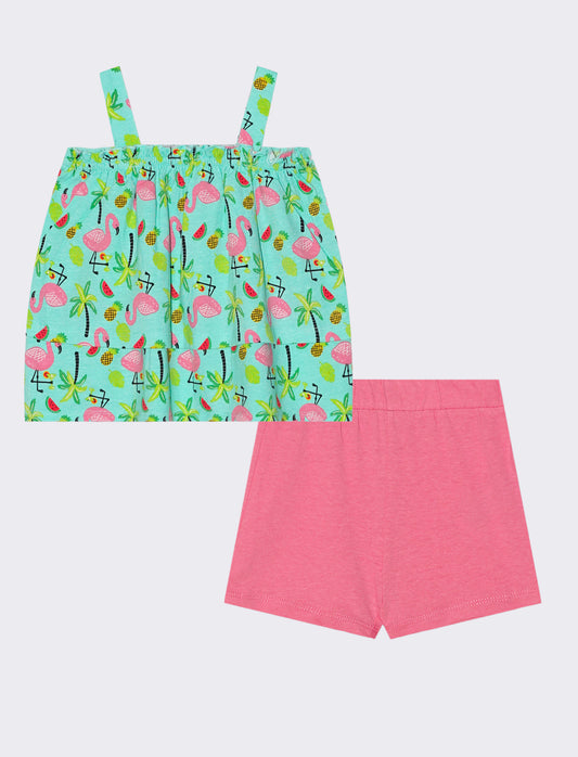 Completo top e shorts in fantasia e tinta unita - Verde
