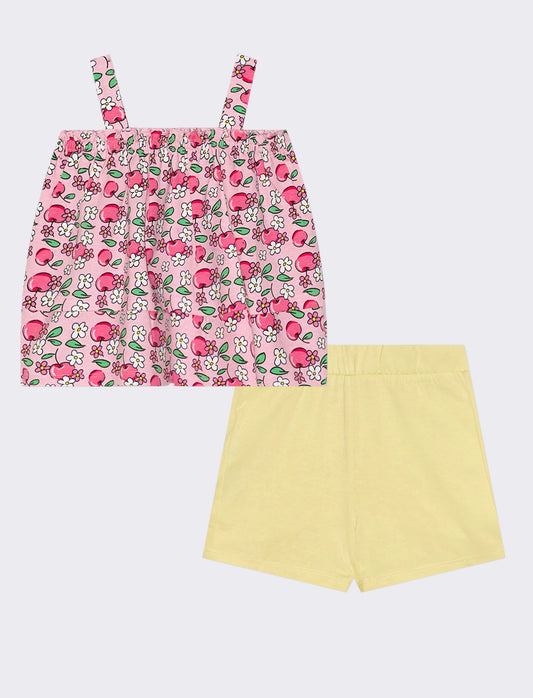Completo top e shorts in fantasia e tinta unita - Rosa