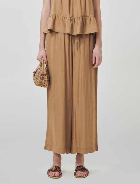 Culotte Pants with Elastic Waistband - BROWN