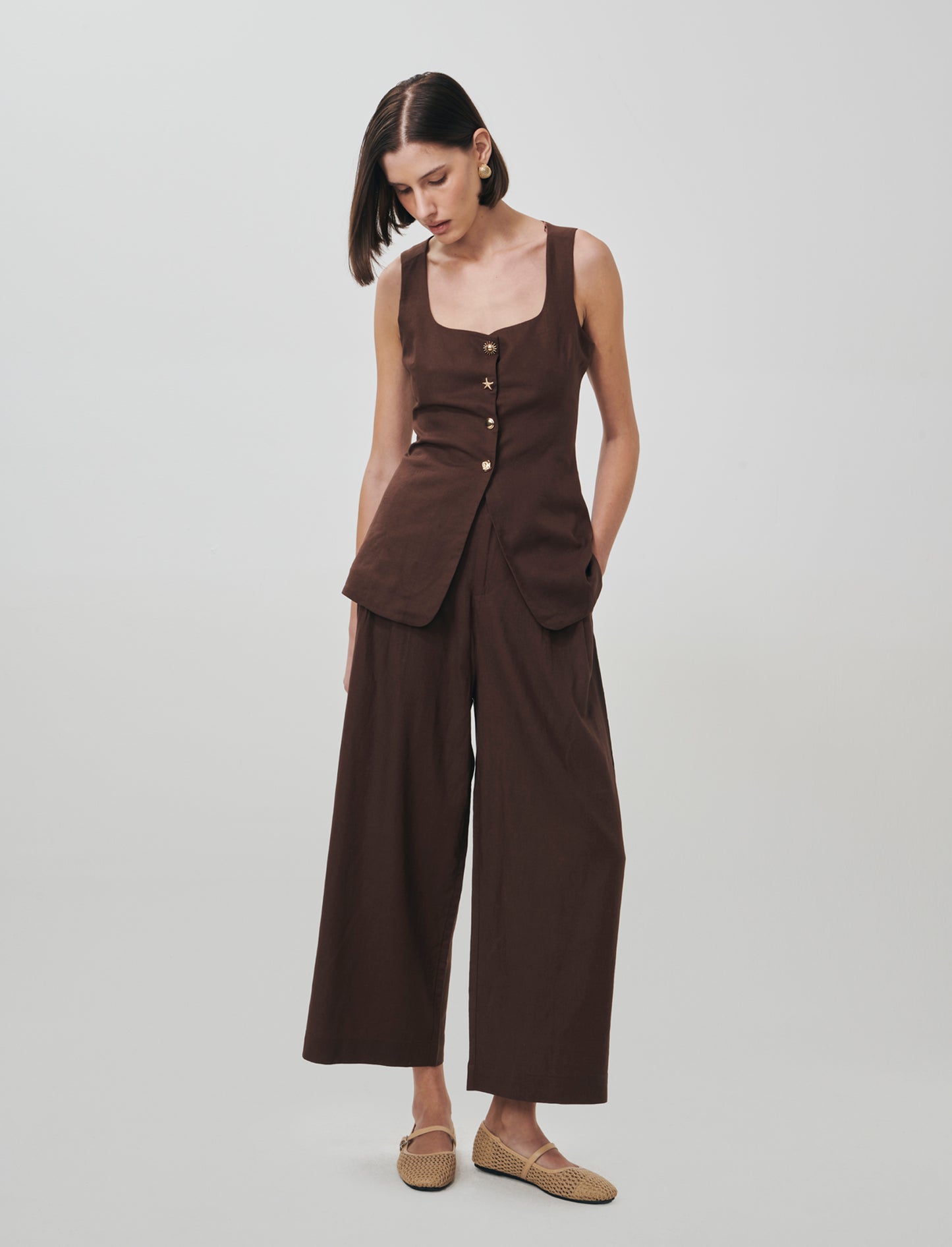 Pantalone Vita Alta con Tasche Laterali - Marrone cioccolato