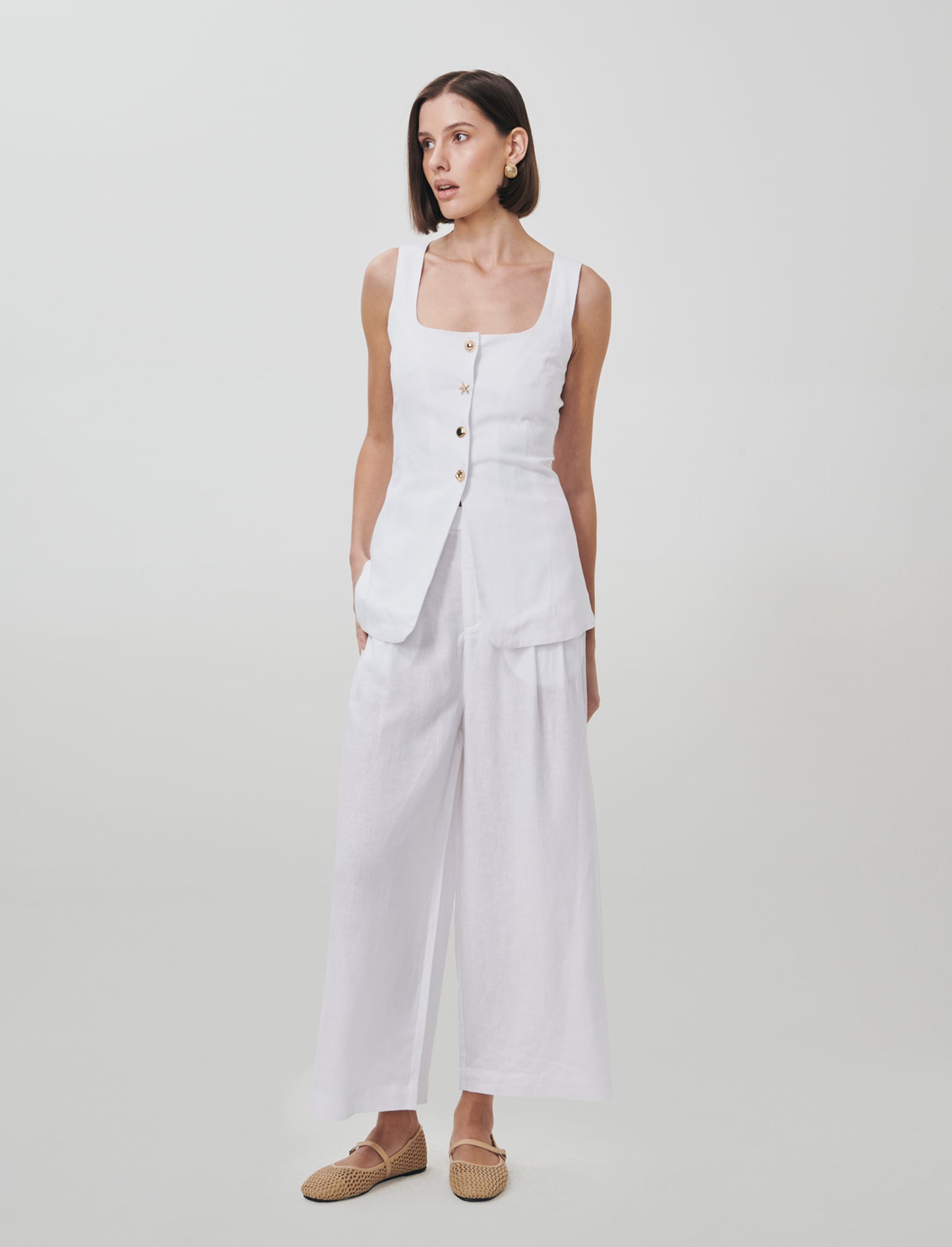 Gilet con Scollo Quadrato e Bottoni - Bianco