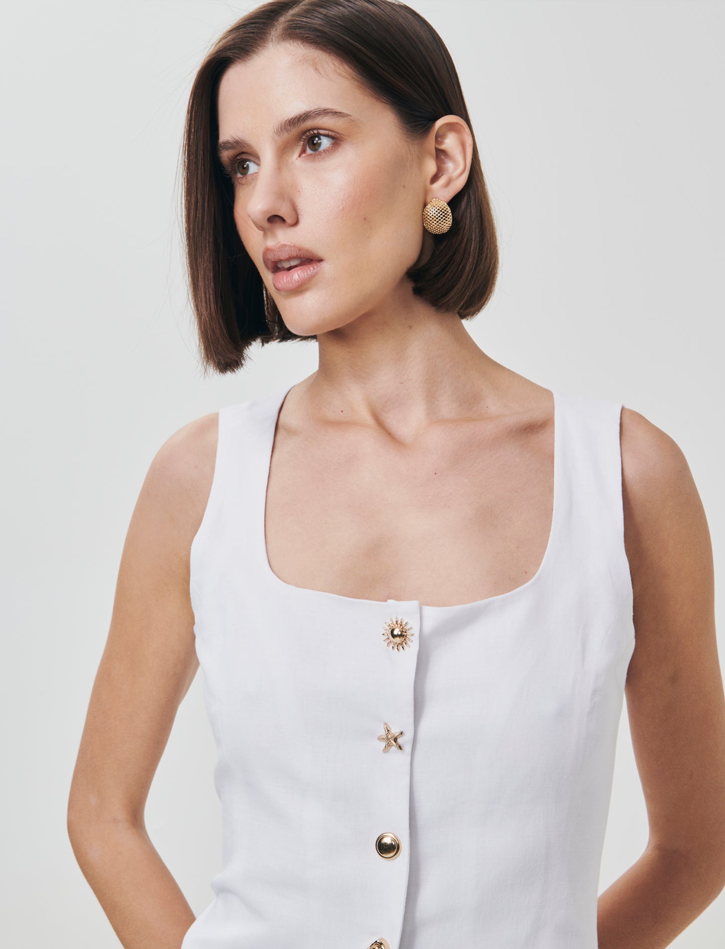 Gilet con Scollo Quadrato e Bottoni - Bianco