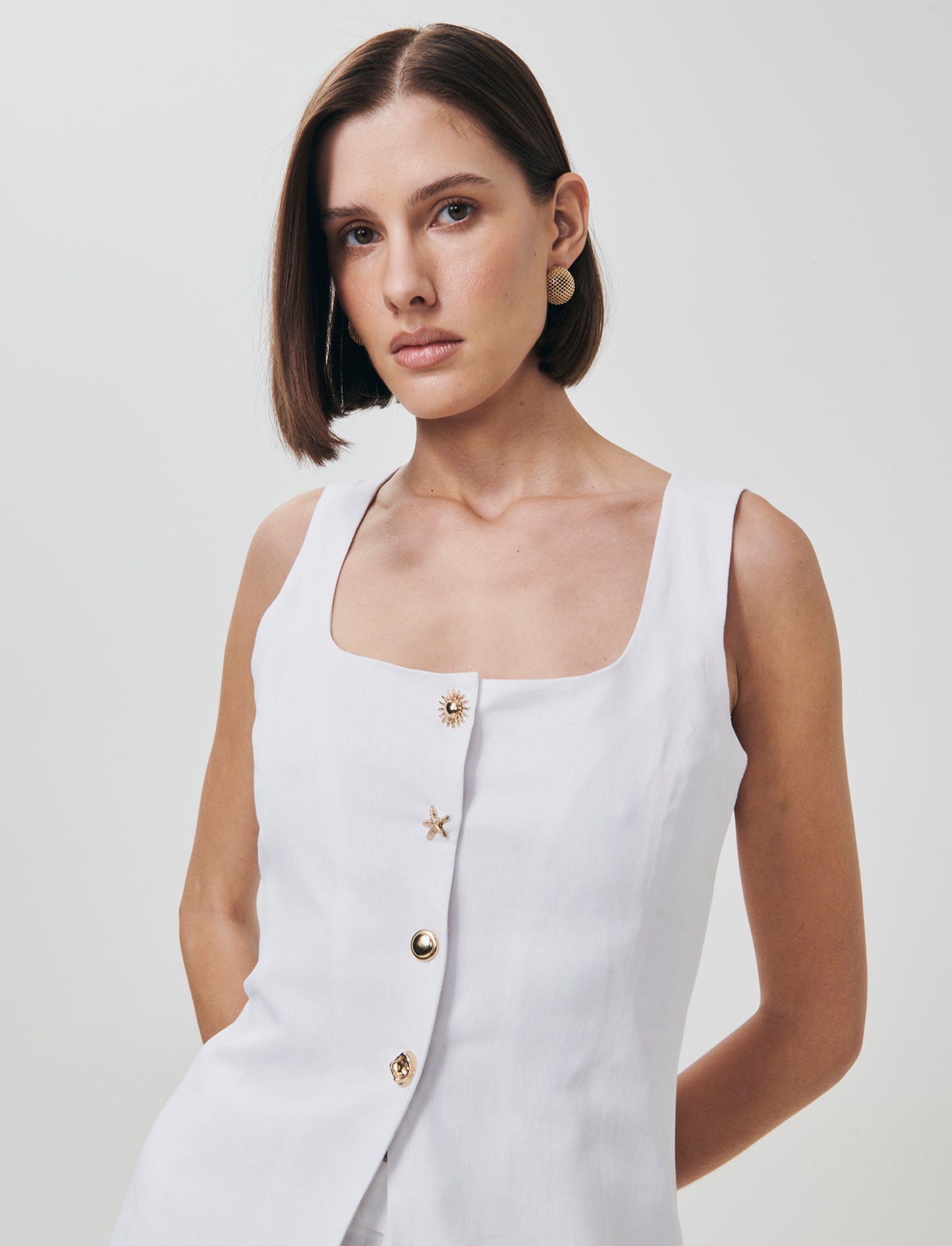 Gilet con Scollo Quadrato e Bottoni - Bianco