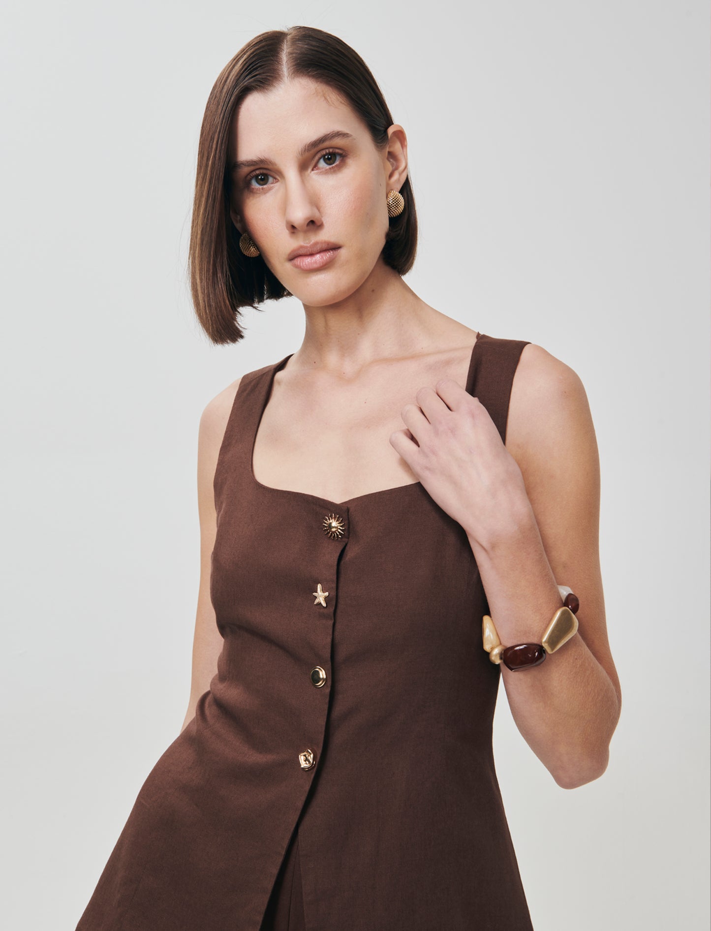 Square Neck Vest with Buttons - Brown
