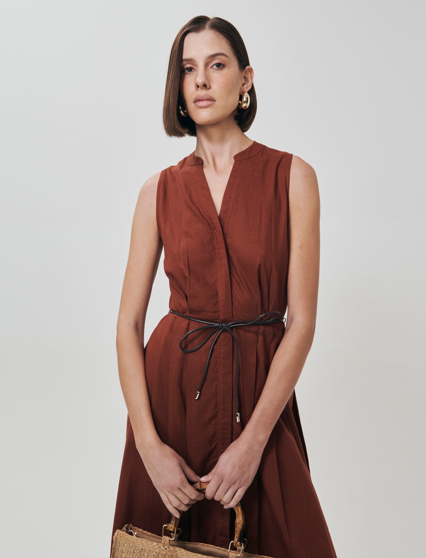 Vestito lungo giro manica con cintura - Cognac