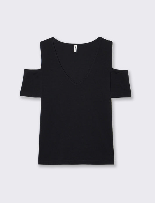 T-Shirt Scollo a V con Apertura - Nero
