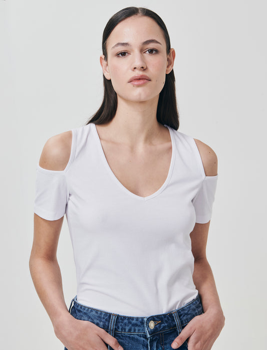 T-Shirt Scollo a V con Apertura - Bianco